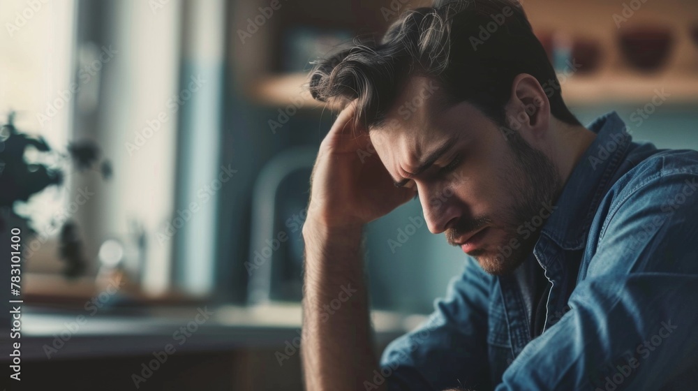Man Sitting at Table With Head in Hands Man Sitting at Table With Head in Hands