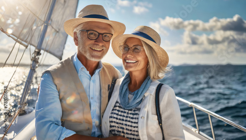 Laughing, happy couple and on a boat for retirement travel, summer freedom and holiday. Smile, love and a senior man and woman on a yacht for vacation adventure