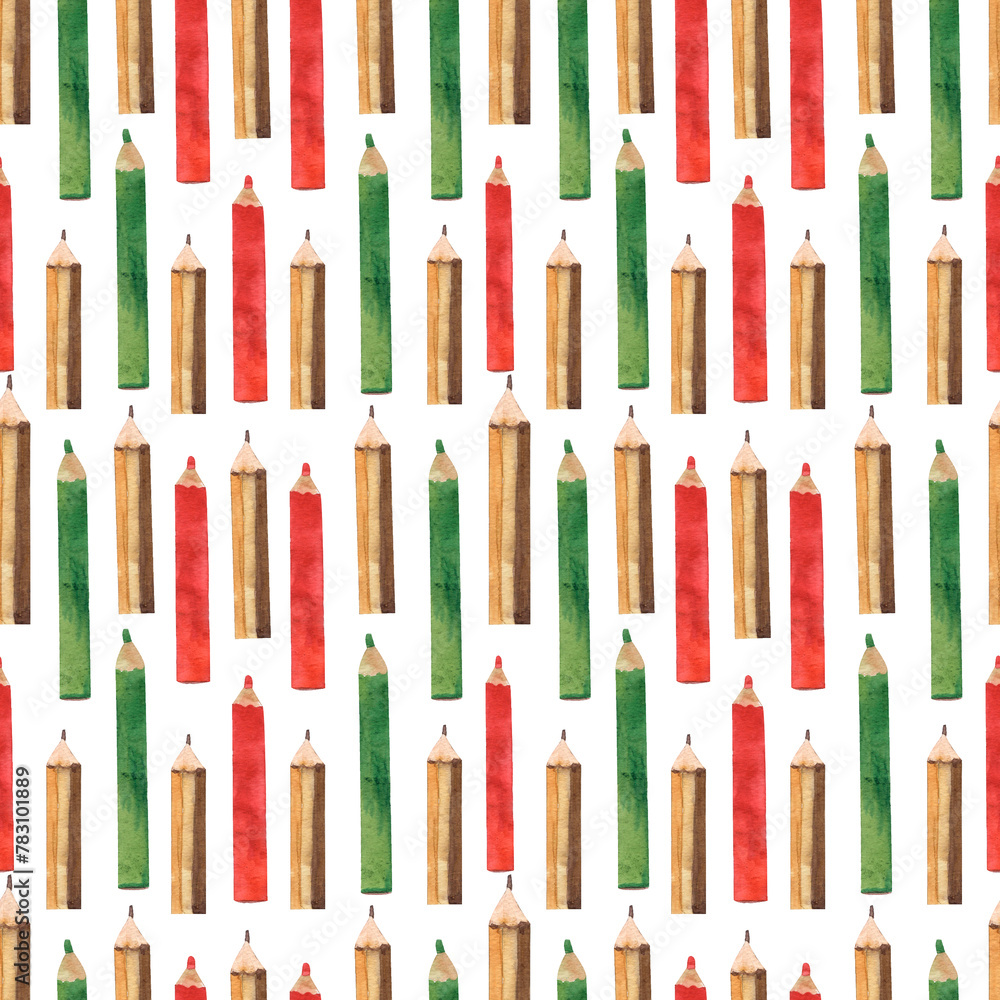 Pencils red and green, seamless pattern, stationery and school items Pencils red and green, seamless pattern, stationery and school items
