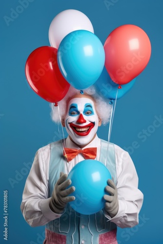 Joyful Clown Holding Colorful Balloons on Blue Background