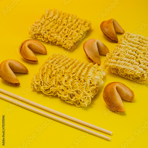 A dried noodles, fortune cookies and chopsticks are laid out on yellow background