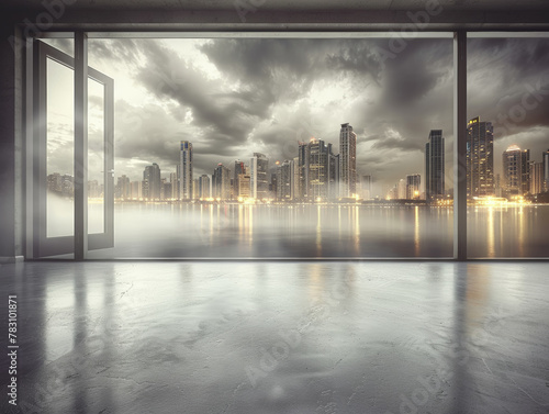 A city skyline is visible through a window in a building. The city is lit up at night, and the water is calm. Scene is serene and peaceful, with the city's lights reflecting on the water