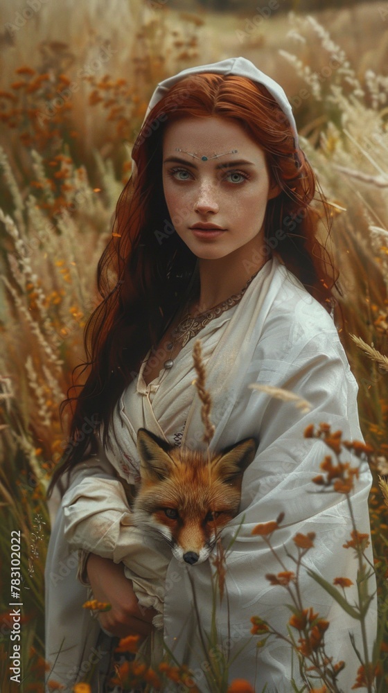 A woman in a white dress holding a fox