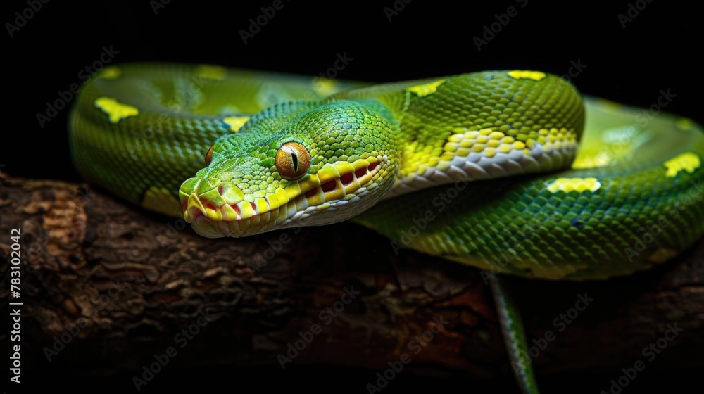 Green Tree Python Coiled on Branch in Natural Habitat Green Tree Python Coiled on Branch in Natural Habitat