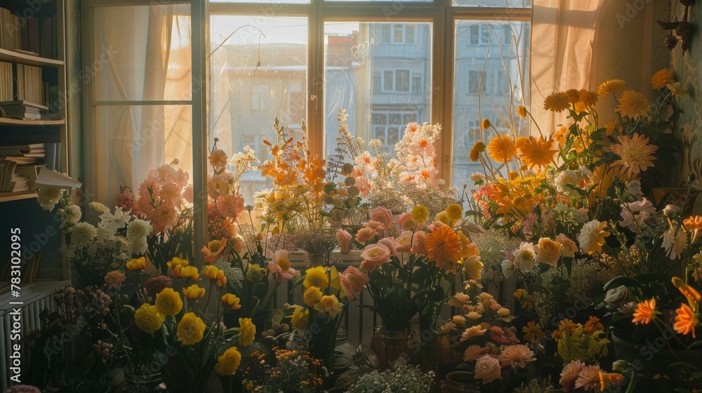 A room filled with lots of flowers next to a window
