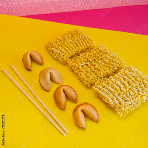 A fortune cookies, dried noodles and chopsticks are laid out in lines on yellow and pink backgrounds, creative concept