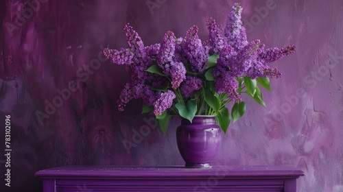 A purple vase filled with purple flowers on top of a purple dresser © Maria Starus