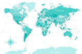 World Map - Highly Detailed Vector Map of the World. Ideally for the Print Posters. Turquoise Blue Green Spot Retro Style.