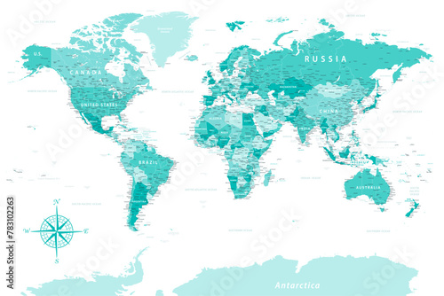 World Map - Highly Detailed Vector Map of the World. Ideally for the Print Posters. Turquoise Blue Green Spot Retro Style.