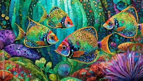 Emerald cartoon fish swims underwater 