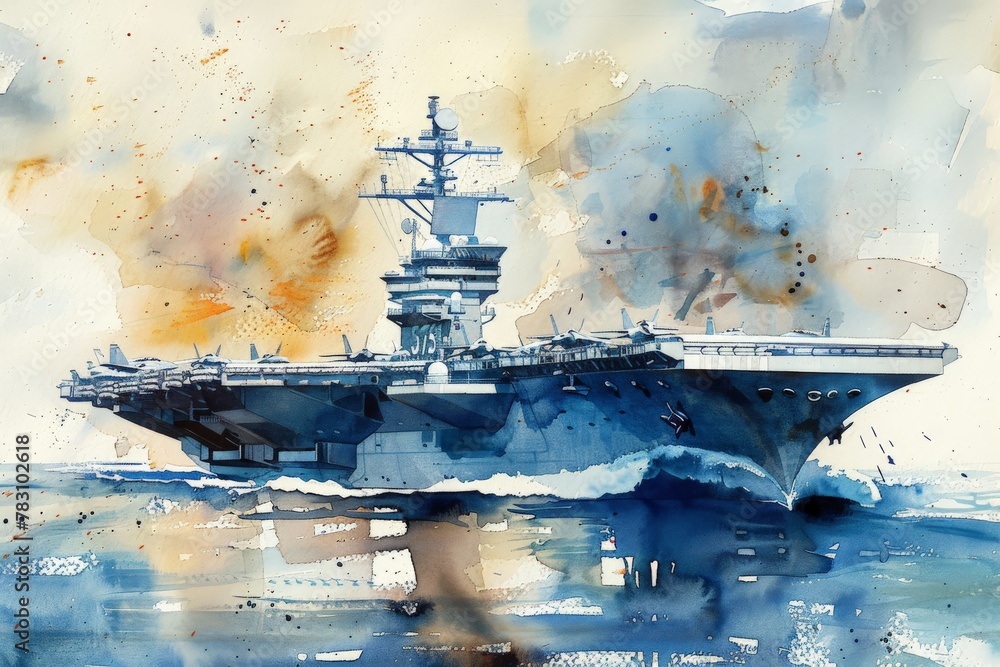 Watercolor painting of an aircraft carrier. It is a warship designed to serve as a mobile air base for aircraft. Use for wallpaper, posters, postcards, brochures. - obrazy, fototapety, plakaty 