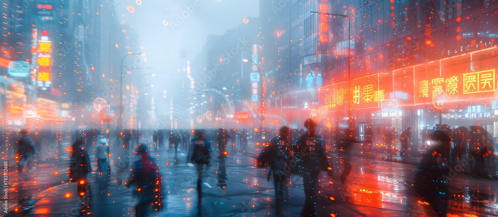Blurred Cybernetic Battlefield in Futuristic Neon City Nightscape