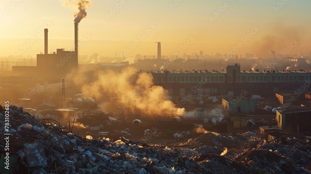 City landfill, waste processing plant and smoke pipes. Concept landfill, ecology, recycling, plastic, environment, pollution, industry, dirt, poisonous, nature, unsanitary conditions, waste.