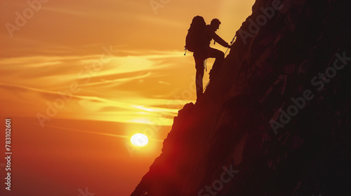 Silhouette of man with backpack climbing mountain at sunset  concept about power and determination in sports or outdoor activities. a man climbing a mountain at sunset in the style of determination. 