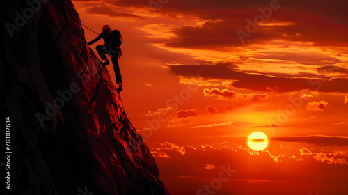 Silhouette of man with backpack climbing mountain at sunset, concept about power and determination in sports or outdoor activities. a man climbing a mountain at sunset in the style of determination. 