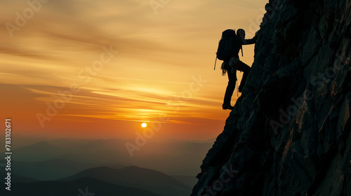 Silhouette of man with backpack climbing mountain at sunset, concept about power and determination in sports or outdoor activities. a man climbing a mountain at sunset in the style of determination. 