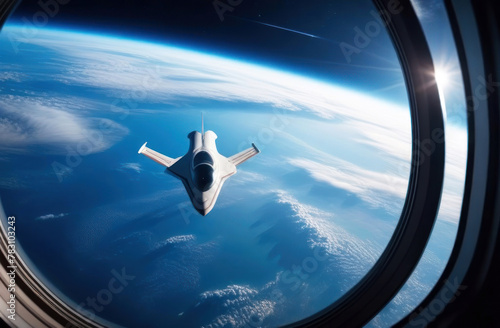 Witness an awe-inspiring spaceship gliding above Earth as seen from a porthole photo