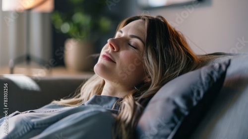 Woman Relaxing on Couch With Closed Eyes photo