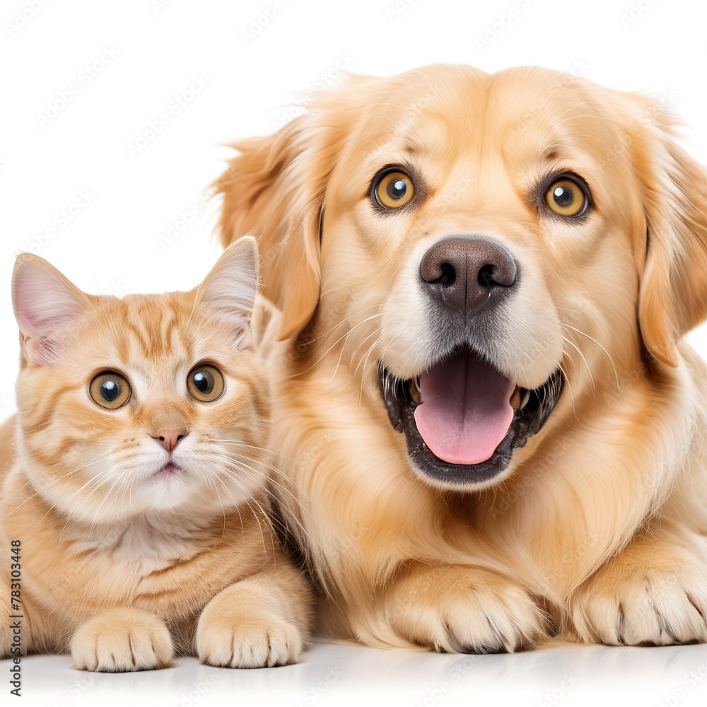 Golden retriever dog and cat lying together. isolated on white background. Golden retriever dog and cat lying together. isolated on white background.