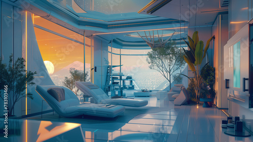 A futuristic living room with floor-to-ceiling windows, large white loungers, and plants futuristic space station interior design