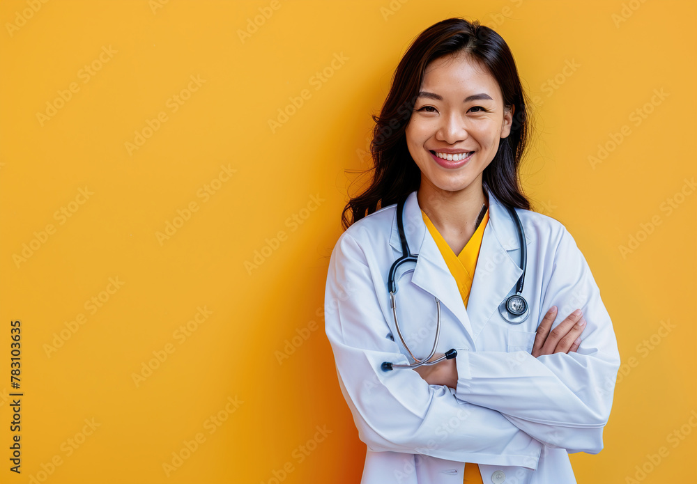 A Asian confident female doctor standing with her arms crossed and smiling A Asian confident female doctor standing with her arms crossed and smiling