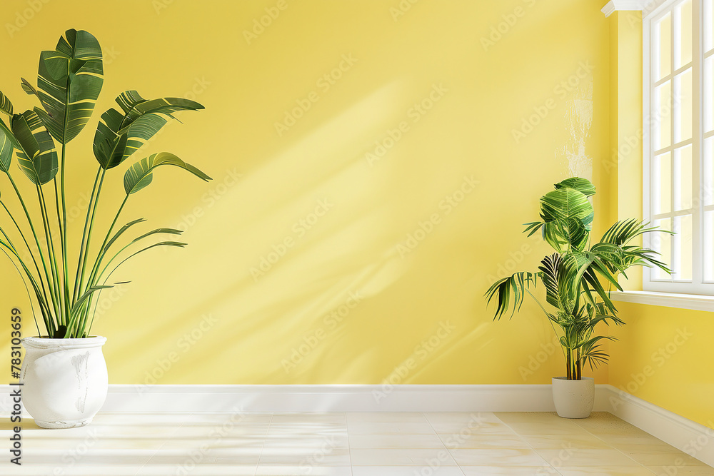 modern empty living room with a window yellow wall, plants , empty copy space modern empty living room with a window yellow wall, plants , empty copy space