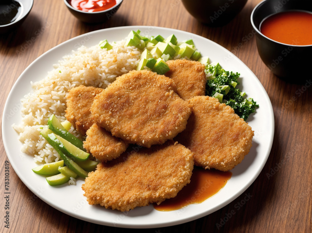 A plate of food with chicken nuggets, rice, and vegetables. A plate of food with chicken nuggets, rice, and vegetables.