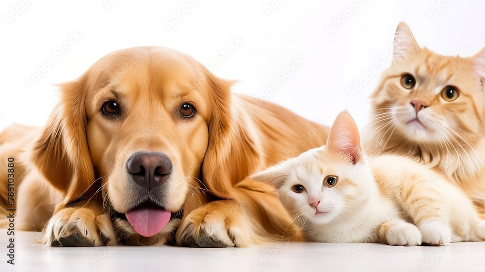Golden Retriever, cat and dog together animals isolated on white background