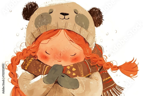 Adorable illustration of a girl in a panda hat snuggling warmly. photo