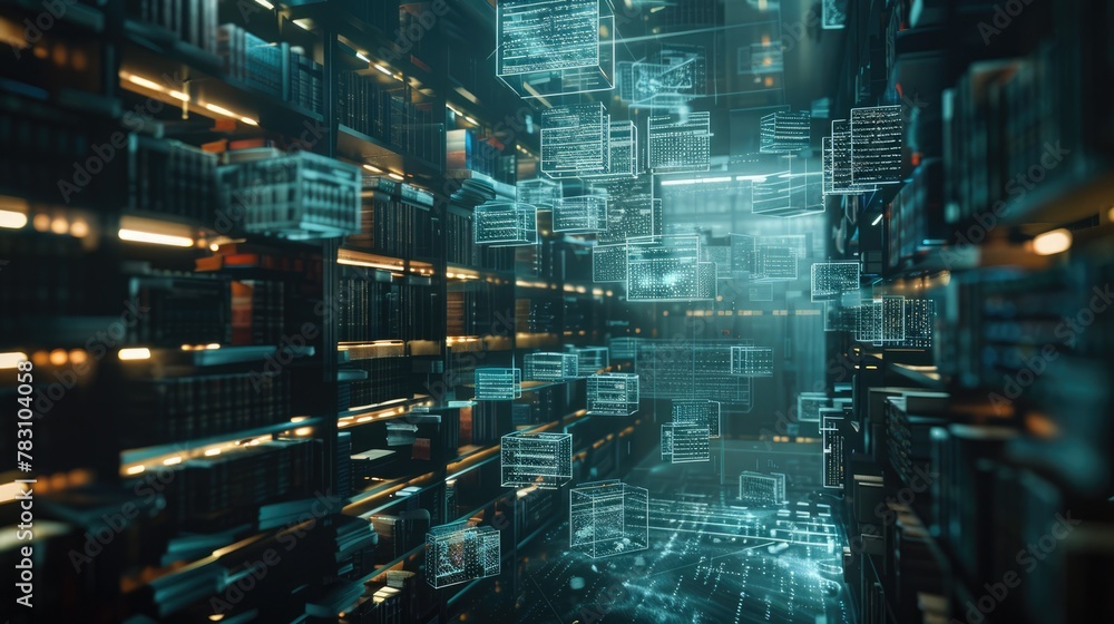 AI Ethics and Governance. Ethereal virtual library of AI governance books in digital space AI Ethics and Governance. Ethereal virtual library of AI governance books in digital space