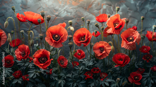 Red Poppy flowers garden on grey concrete background with copy space and warm morning light, Memorial day theme