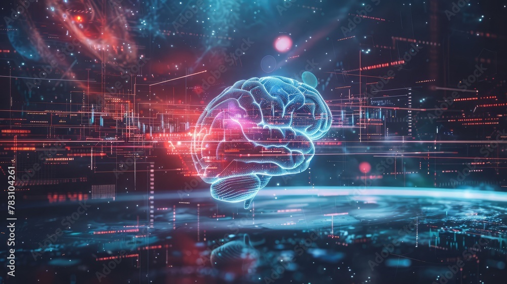 AI Ethics and Governance. Planet with orbiting digital brain, symbolizing AI's ethical impact AI Ethics and Governance. Planet with orbiting digital brain, symbolizing AI's ethical impact