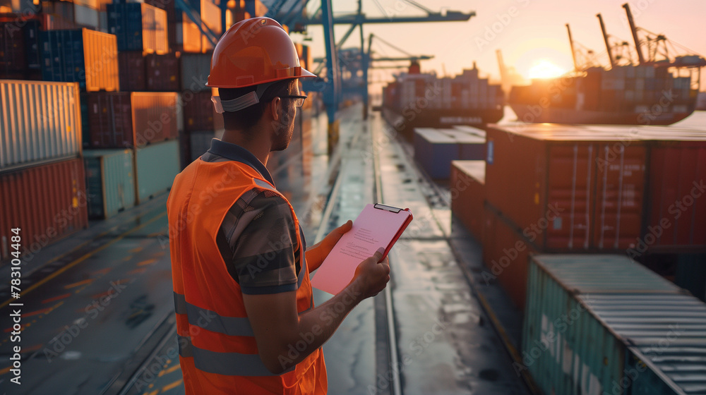 Fototapeta premium Dock Worker Managing Inventory at Sunset
