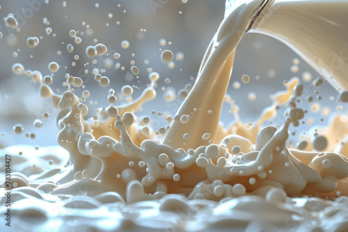 A jug of fresh milk pouring into a glass, set against a radiant white background, symbolizing wholesomeness and nourishment