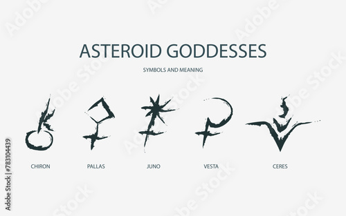Astrological designations, aspects for astrologer. the meaning of the planets. Vector set pictogram elements constellation illustration for ancient alchemy: chiron, pallas, juno, vesta, ceres.