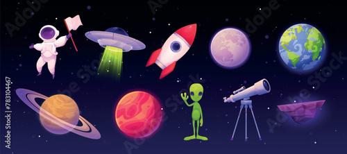 Space game alien, astronaut and spaceship. Mars, Saturn and earth planets. cosmonaut and ship. Cartoon green creatures, fantasy future, UI set. Rocket UFO. Vector cartoon flat isolated illustration