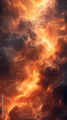 An atmospheric painting of a fiery sky with billowing clouds and amber flames