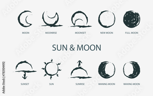 Astrological designations, aspects for astrologer. the meaning of the planets, study of astrology. Vector set pictogram elements constellation illustration for ancient alchemy: sun and moon photo