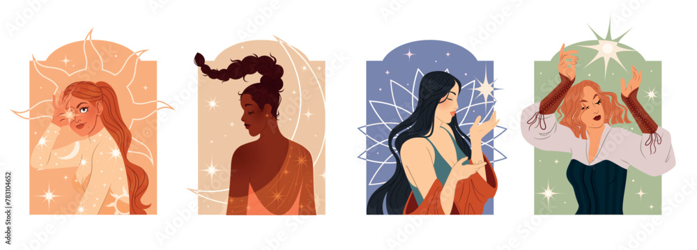 Woman portrait. Abstract witch beauty. Hair magic. Happy young female face. Night sleep. Astrology style. Spiritual sun or star. Modern mystic dreaming girls. Sky esoteric. Creative posters vector set