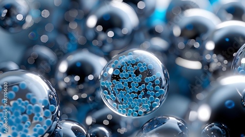 collection of nanomedical, slightly textured, metallic, opaque, futuristic spheres. Each of the spheres has a few pharmaceutical blue micro-spheres spread across the surface of the larger spheres.  photo