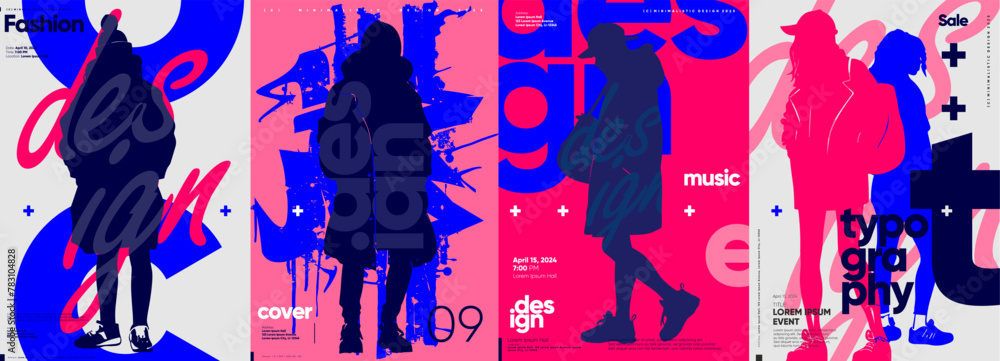 Naklejka premium A series of striking vector posters merging fluid typography with youthful silhouettes in a bold, fashionable color palette.