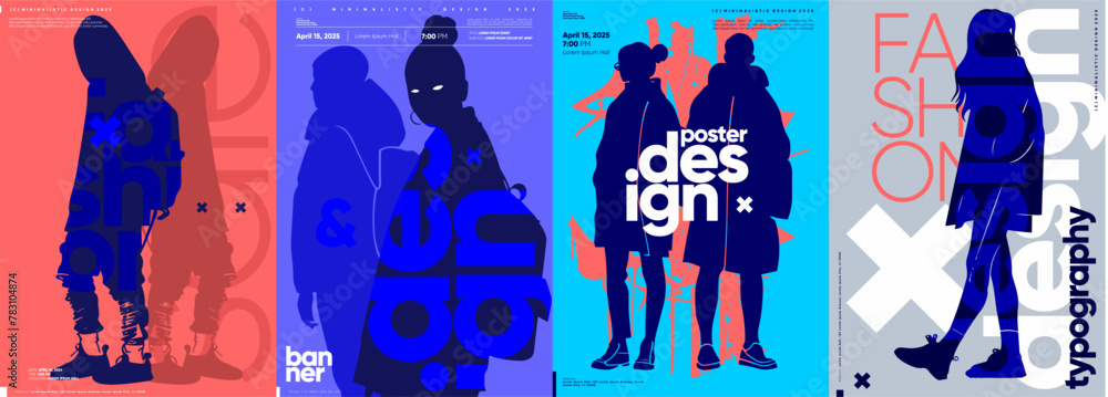 Fototapeta premium Vibrant vector posters featuring silhouettes with typographic elements in bold colors, symbolizing fashion and design.