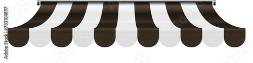 Shop awning tent. Cafe sunshade, store canopy, striped roof with black and white stripes. 3D realistic vector illustration isolated on white.