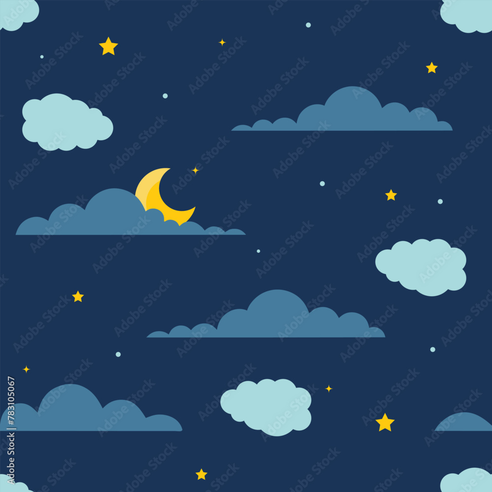 Night sky with stars, moon, clouds. Vector seamless pattern, celestial texture
