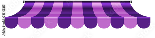 Shop awning tent. Cafe sunshade, store canopy, striped roof with pink and purple stripes. 3D realistic vector illustration isolated on white.