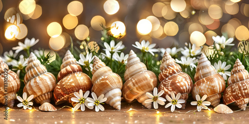A row of shells and flowers on a table. The shells are of different sizes and colors, and the flowers are white. The scene has a peaceful and calming mood, with the shells