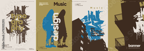 A collection of stylized vector posters featuring grunge and splash art aesthetics with a focus on music and typography.