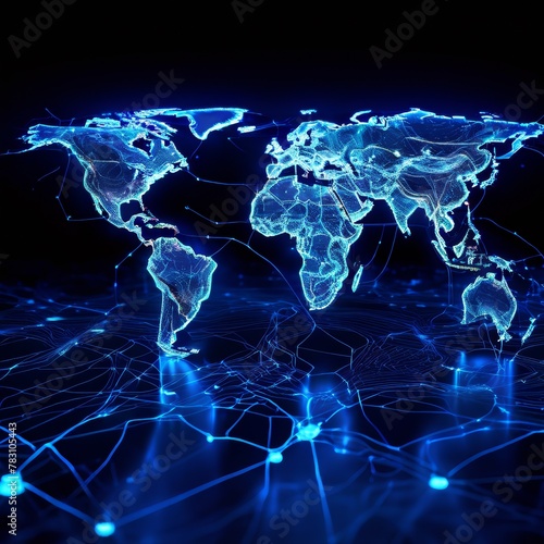 Global digital map embodying the concept of ubiquitous network and connectivity, nodes interlinked with luminous web-like lines showing continents outlined photo