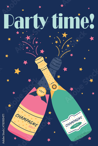 Doodle wine posters. Champagne bottles and festive fireworks on background. Party minimal invitation design. Restaurant and cafe menu cover. Wall art. Vector cartoon flat style isolated illustration