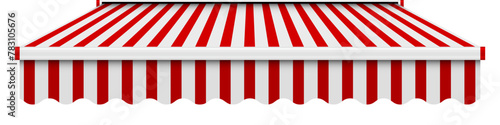 Shop awning tent. Cafe sunshade, store canopy, striped roof with red and white stripes. 3D realistic vector illustration isolated on white.